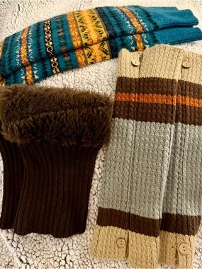 Cozy Knit Boot Leg Warmers - Teal Fair Isle, Brown & Cream, Brown With Fur